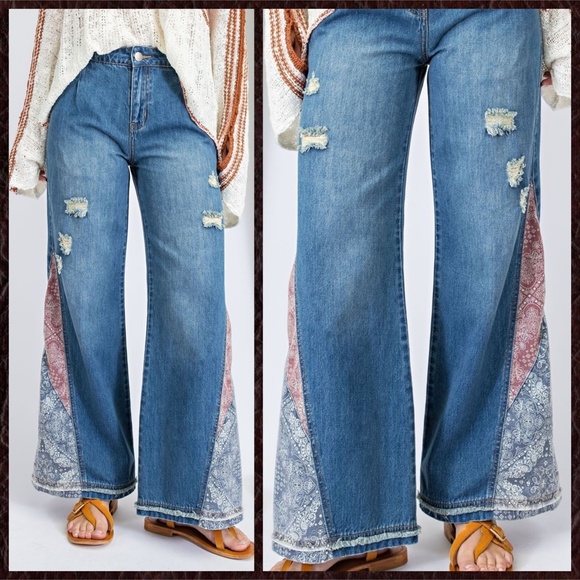 EASEL "I Got A Feeling" Bell Bottom Denim Pant W/Contrast Patchwork At The Sides - Picture 6 of 16